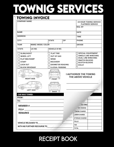 Towing Services Receipt Log Book: A Register and Record Book for Towing and Transport Services with 60 Invoices and Tow Truck Service Invoice Work Order: Vehicles Detailed Information Journal