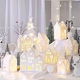 Cindeer 26 Pcs Ceramic Christmas Village Set, 8 LED Christmas Village Houses, 16 Christmas Trees Farmhouse 2 Lamp Post Christmas Scenes Decor White Christmas Tabletop Decoration (Elegant)