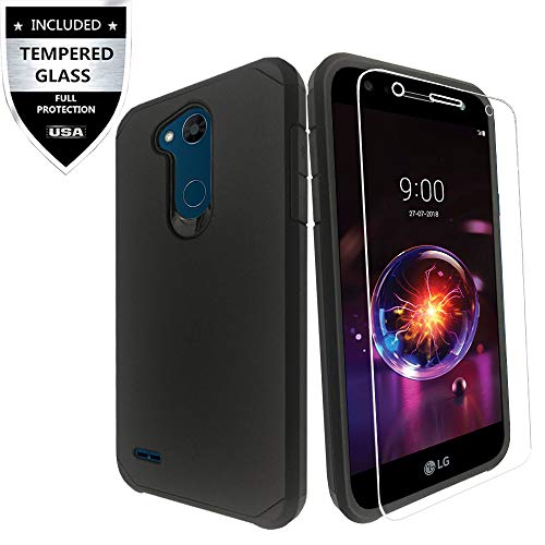 LG X Power 3 / LG X Power 2 / LG Fiesta Case, LG Fiesta 2 Case, LG X Charge Case with Tempered Glass Screen Protector,IDEA LINE(TM) Heavy Duty Protection Hybrid Hard Shockproof Slim Fit Cover - Black