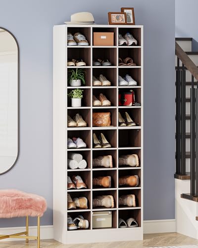 Tribesigns 10-Tier Shoe Storage Cabinet, White and Brown Wooden Shoe Rack with 30 Cubbies, Freestanding Tall Entryway Shoe Organizer for Closet, Entryway, Living Room