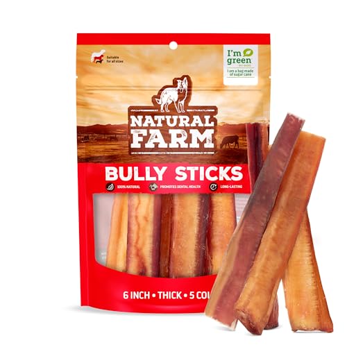 Natural Farm Odor-Free Thick Bully Sticks (6”, 5-Pack) All-Natural Long-Lasting Dog Chews, 100% Beef Pizzle, Grass-Fed, Grain-Free, Protein for Muscle Development & Energy, Perfect for Medium Chewers