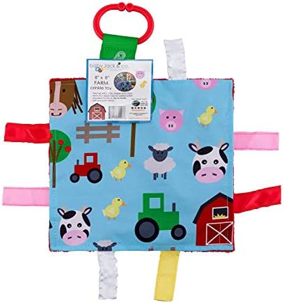 Baby Sensory Crinkle & Teething Square Lovey with Closed Ribbon Tags Enhances Cognitive Social & Emotional Development 8 X 8 Inch (Farm Friends)