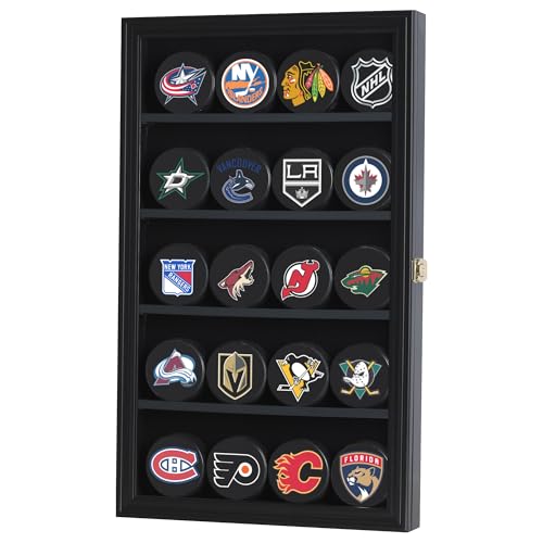 20 Hockey Puck Display Case Cabinet Holder Wall Rack 98% UV Protection Also Fits Pucks in Square Plastic Case (Black Finish)