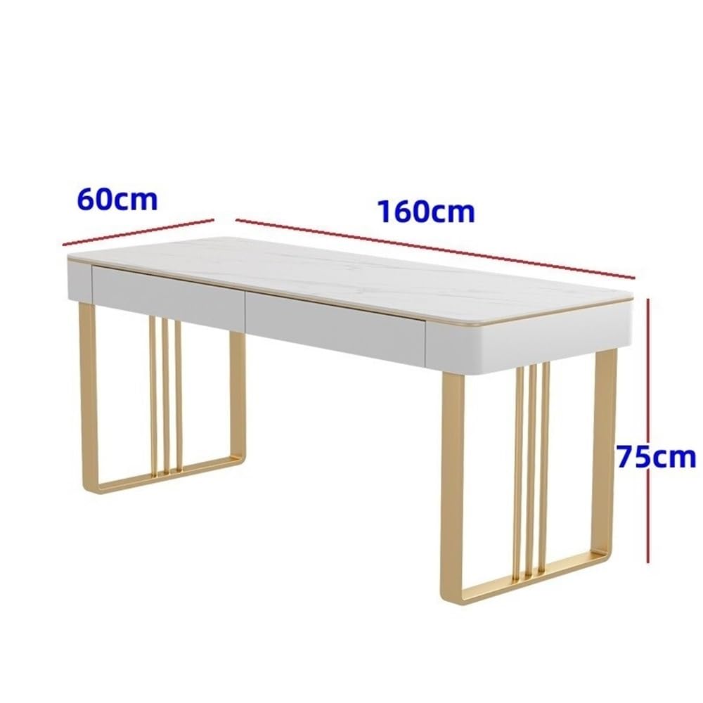 Escritorio de Oficina Escritorio Moderno for PC con 2 cajones, tocador Blanco Superficie de losa Roca y Marco Metal for el hogar, la Oficina Dormitorio Mesa para Juegos de portátil(Gold,XL)