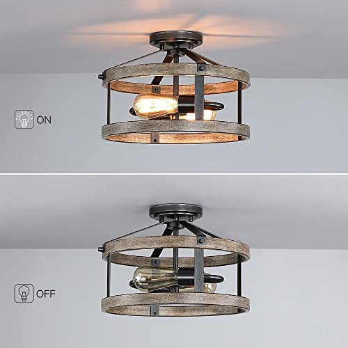 13 In. 2-Light Natural Iron And Distressed Wood Industrial Farmhouse Semi-Flush Mount Ceiling Light 9" H Black Brown Rustic Dimmable #TOP3