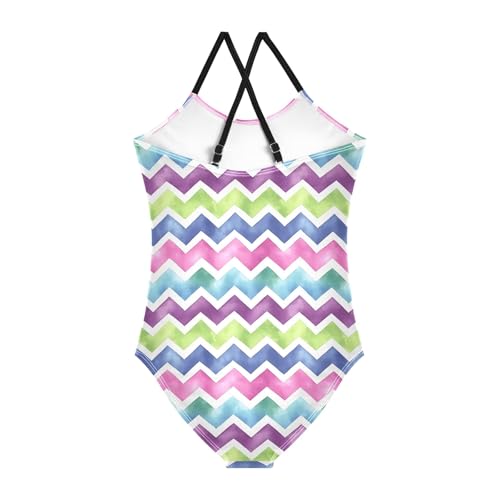 senya Girls Swimsuits One-Piece Swimwear Tie Bathing Suit Beach Summer Round Neck 9-10T Multicolor Chevron Pattern2