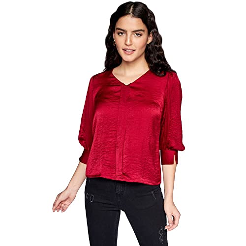 Image of AND Solid Polyester V Neck Womens Regular Top (SS22AS051THS-P)
