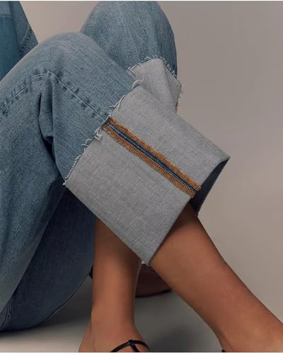 Women's Wide Cuff Jeans High Rise Straight Leg Cropped Jeans Casual Boyfriend Denim Pants2