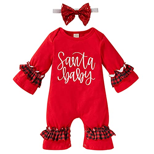 Newborn Baby Girl Christmas Romper Santa Baby Jumpsuit Plaid Ruffle One-Piece Long Sleeve Coming Home Outfits+Headband 6-9 Months