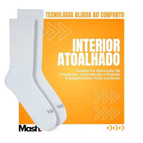 MASH Kit 3 Pares Meias Cano Alto Esportiva Longa Algodão Active Masculina Adulto, 3 Branco, 38-41