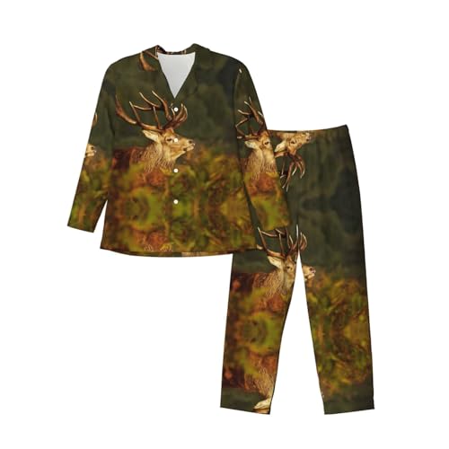 FRGMNT Animal Deer Print Herren Langarm Pyjama Set Bequeme Nachtwäsche Für Unübertroffene Entspannung, Tier Hirsch, Einheitsgröße