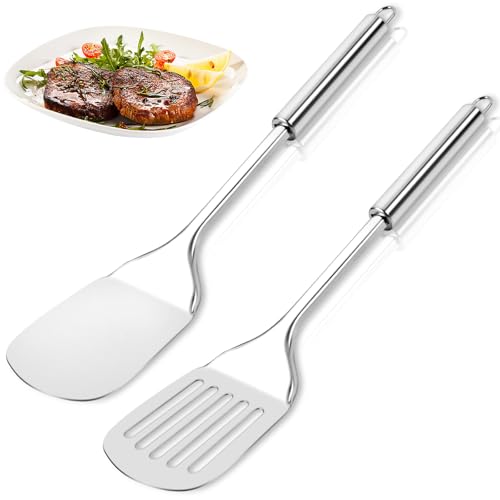 PEASUG 2 Pack Stainless Steel Spatulas Set, Metal Spatula for Kitchen Use, Silver Solid Slotted Turner, High Heat Resistant for Cast Iron Skillet, Grilling, Cooking, Dishwasher Safe, 13.5Inch