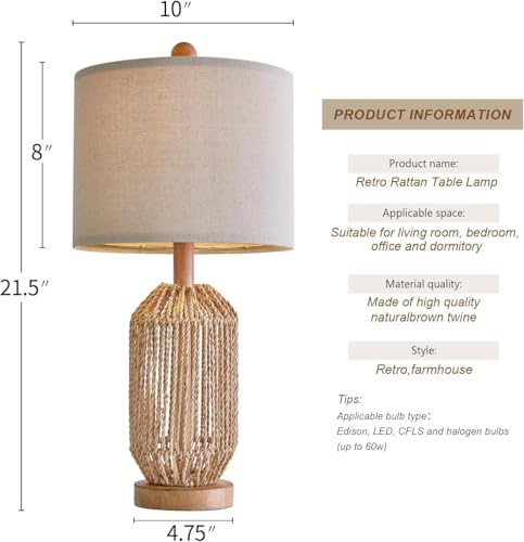 Image of OYEARS 21 inch Boho Table Lamps Set of 2 for Living Room, Bedside Lamps for Nightstand, Rattan Lamp for Bedroom, Farmhouse Table Lamps for Boho Decor, End Table, Retro, Brown