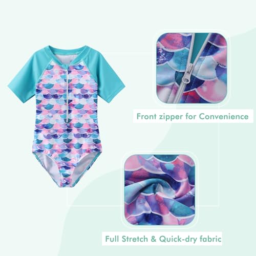 Image of Girls One Piece Swimsuits Short Sleeve Rash Guard for Girl Hawaiian Bathing Suit with Sun Protection Beachwear