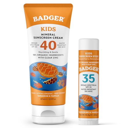 Image of Badger Kids Mineral Sunscreen Combo, SPF 40 Cream + SPF 35 Kids Face Stick, 98% Organic Ingredients with Mineral Zinc Oxide, Water Resistant, Reef Safe Broad Spectrum, Tangerine & Vanilla Scent