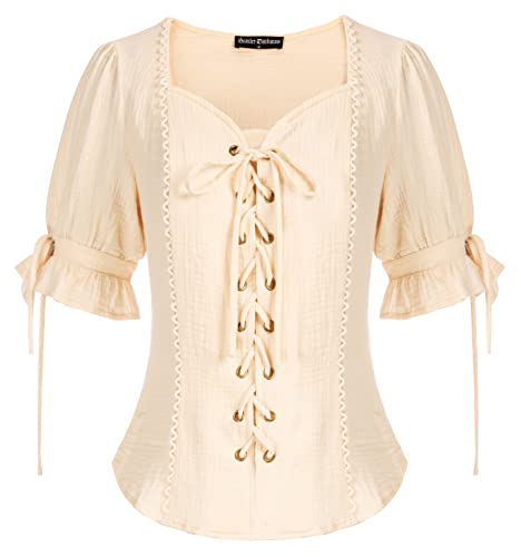 Renaissance Shirt for Women Plus Size Vintage Lace-up Summer Ruffle Tops Apricot S