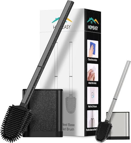 HOMEASY Escobillas de Baño Silicona Acero Inoxidable 304, Cepillo de Silicona TPR para Inodoro Flexible y Suave para Limpieza Profunda, Escobilla Baño WC, Montaje en Pared o en Suelo, Color Negro