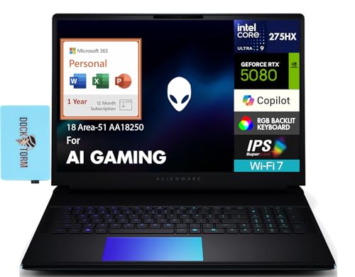 Image of Alienware 18 Area-51 AA18250 AI Gaming Laptop 18 inch WQXGA (Intel Ultra 9-275HX, GeForce RTX 5080 16GB, 32GB DDR5, 3x1TB SSD R0 (3TB), Win 11 Pro) w /MS 365 Personal, DKZ USB Port Expander
