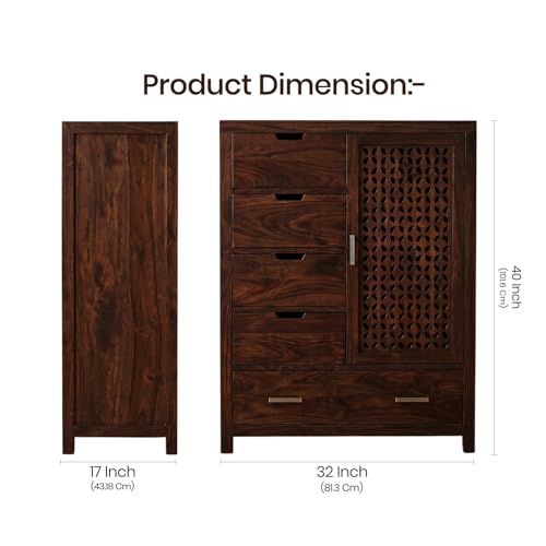 Image of Amazon Brand - Solimo Solid Sheesham Wood Truva Sideboard Cabinet with 5 Drawers & 1-Door Storage | Storage Cabinet for Living Room, Kitchen & Bedroom Organizer Chest of Drawers (Walnut Finish)