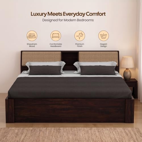 Image of Ganpati Arts Solid Sheesham Wood Queen Size Mayor Bed with Hydraulic Storage & Headboard Storage | Wooden Double Bed Cot Palang for Bedroom, Home & Hotel | 1 Year Warranty (Walnut Finish)