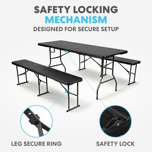 Image of Simpli-Magic 6 Foot Folding Picnic Table Set with 2 Benches Portable Indoor Outdoor Camping Table for Working Meeting Party Picnic Weddings with Handle and Safety Locks Black