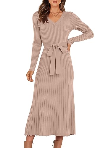 ANRABESS Womens Long Sleeve Fall Dress 2025 V Neck A-line Tie Wai...