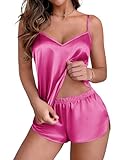 Ekouaer Silk Pajamas Set for Women Satin Camisole Sleepwear Lingerie V-Neck Cami Top and Shorts Pjs Rose Red