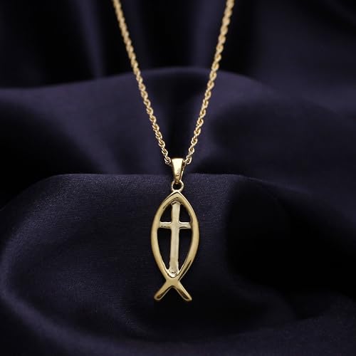 AFFY Cross Pendant Necklace for Women, 14K Gold Plated 925 Sterling Silver with Christian Fish Charm, Religious Faith Jewelry Gift with 18" Chain2