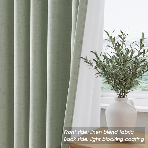 Image of Nanspring Mist Sage 100% Blackout Linen Curtains for Bedroom 84 Inch Length 2 Panels Set Back Tab Thermal Insulated Boho Black Out Curtain for Living Room Cortinas Blackout para Dormitorio 52x84