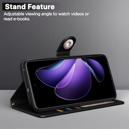 Image of Pikkme Flip Cover Leather Finish | Inside TPU with Card Pockets | Wallet Stand and Shock Proof | Complete Protection Button Flip Case for Oppo Reno 13F 5G(Black)