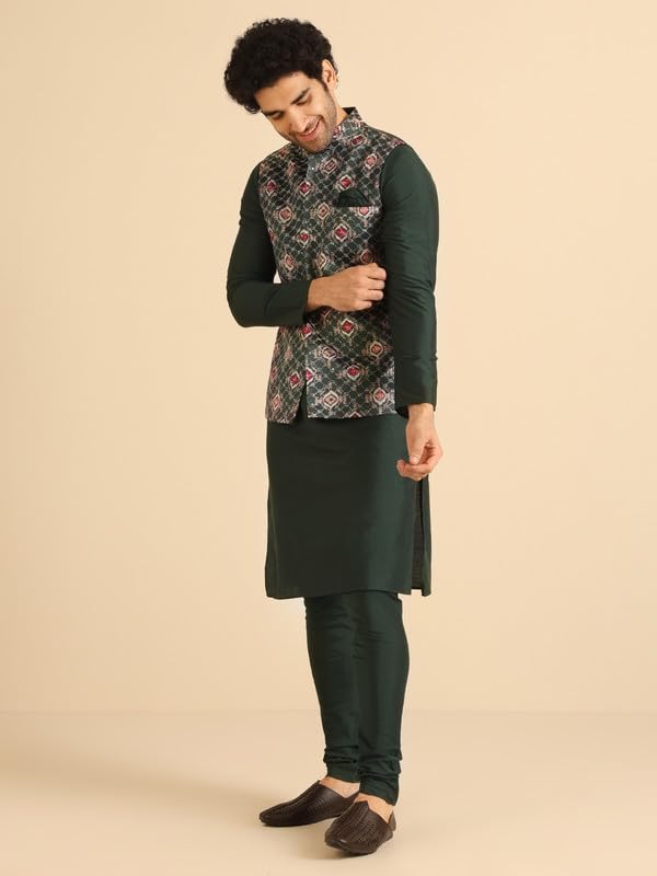 Image of KISAH Men's Kurta Jacket Churidar Set, Bottle Green Silk Blend, Embroidered Regular Fit Mandarin Collar Long Sleeves
