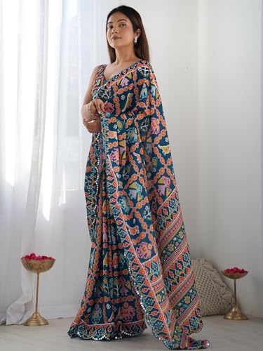 Image of Panzora Women's Chinon Printed Saree With Unstitched Blouse Piece