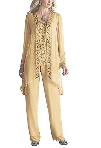 Women's Champagne Elegant Mother of The Bride Pant Suits for Wedding 3 Pieces Beaded Outfits US26W