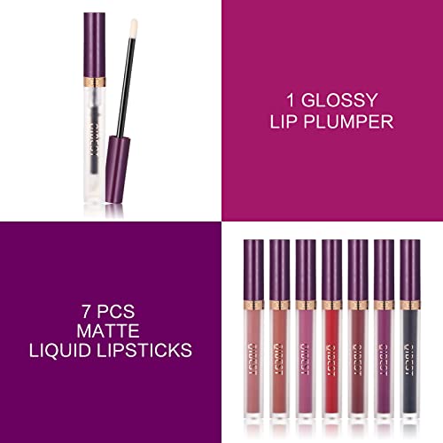 Qibest 7Pcs Matte Liquid Lipstick Wiith 1Pcs Lip Plumper Makeup Set, Waterproof Lip Gloss Sets Kit Pigmented Long Lasting Velvet Lip Makeup Gift For Women And Girls #TOP2