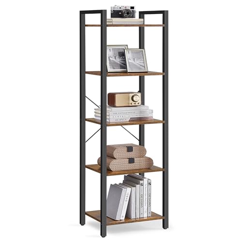 Songmics Home VASAGLE 5-Tier Bookshelf, Bookcase with Steel Frame, Book Shelf for Living Room, Home Office, Study, 11.8 x 15.7 x 60.2 Inches, Industrial Style, Rustic Brown and Ink Black ULLS100B01 Rustic