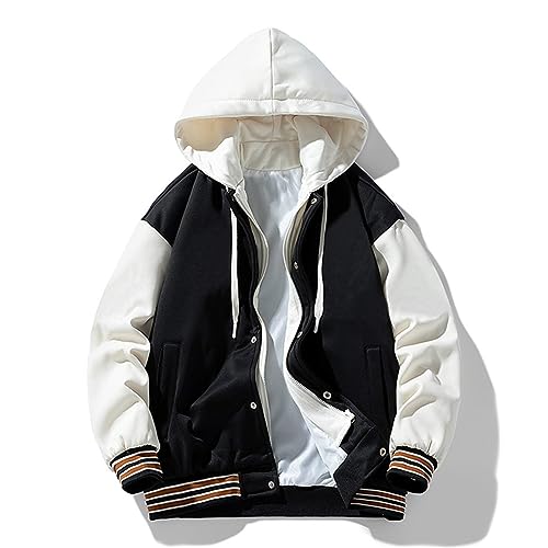 WENKOMG1 Mens Hooded Varsity Jacket,Long Sleeve Casual Quilted College Jacket Winter Fall Letterman Hooded Outerwear