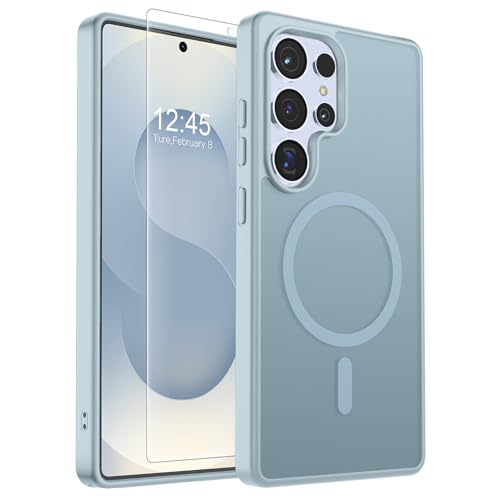 Image of SUPFINE Magnetic for Samsung Galaxy S25 Ultra Case with Screen Protector, (Built-in Magnets) (Military Grade Drop Protection) Slim Translucent Shockproof Phone Case,Sliver Blue