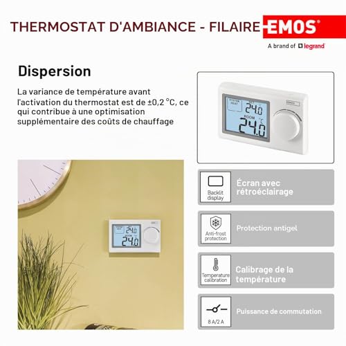 EMOS - Thermostat numérique avec écran LCD - Manuel, Filaire - Chauffage/climatisation - Plage température 5-35 °C - Montage en Surface - Utilisation Simple - Pile Incluse - Blanc – vue 3