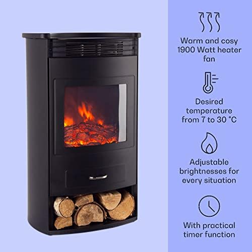 Klarstein Electric Fireplace, Electric Log Burner Indoor, 1900W Electric Fire Free Standing Flame Electric Fire Place with LED Flame Effect, Fake Fireplace, Remote Control, Adjustable Thermostat Timer