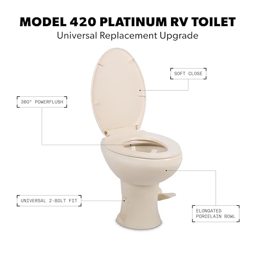 Image of Dometic Model 420 Platinum RV Toilet - Elongated Porcelain Bowl, Universal Fit & 2-Bolt Mount, 18 inch Chair Height Residential-Style, Gravity Flush Toilet with Soft-Close Seat, Bone (9610008282)