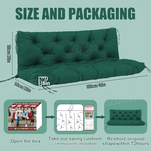 Image of Porch Swing Cushions Outdoor 40x40 inch Waterproof Extra Thick 5 inch Swing Cushions Replacement with Backrest and Ties for Outdoor Furniture Porch Patio Garden Lawn (Dark Green)