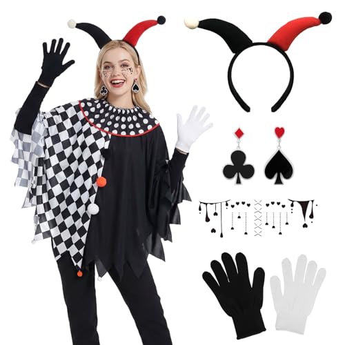 Celvibe Disfraz de payaso para adultos y mujeres, capa blanca y negra, poncho, terror, payaso, circo, disfraz para carnaval, Halloween, fiesta temática, mascarada