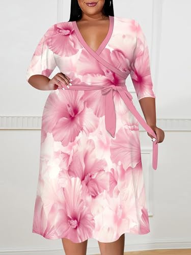 Image of PinkPatty Women's Plus Size Maxi Dress Print 3 /4 Sleeves V Neck Party Sundress Wedding Guest Dresses