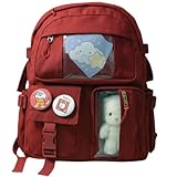 Mochila escolar Infantil e juvenil, Bolso Frontal, Alças Acolchoadas, grande capacidade, ursinho e broches, ideal para crianças de 6 a 13 anos (VINHO)