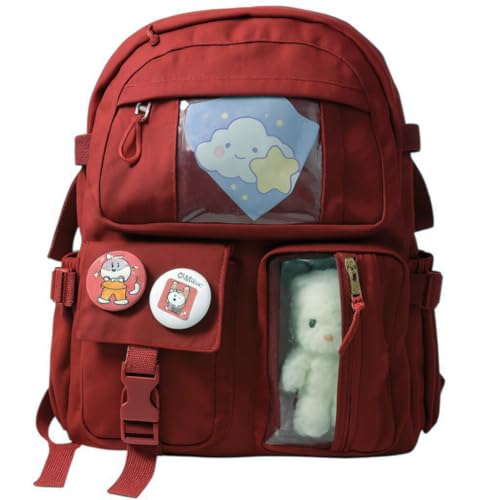 Mochila escolar Infantil e juvenil, Bolso Frontal, Alças Acolchoadas, grande capacidade, ursinho e broches, ideal para crianças de 6 a 13 anos (VINHO)