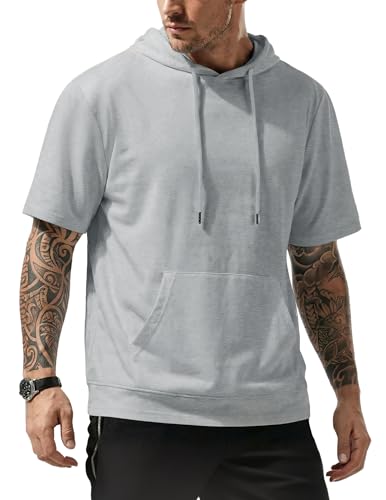 JMIERR Mens Hooded T-shirts Cotton Fashion Clothing Athletic Hoodies with Pocket Short Sleeve Summer Tops for Men, Grey L