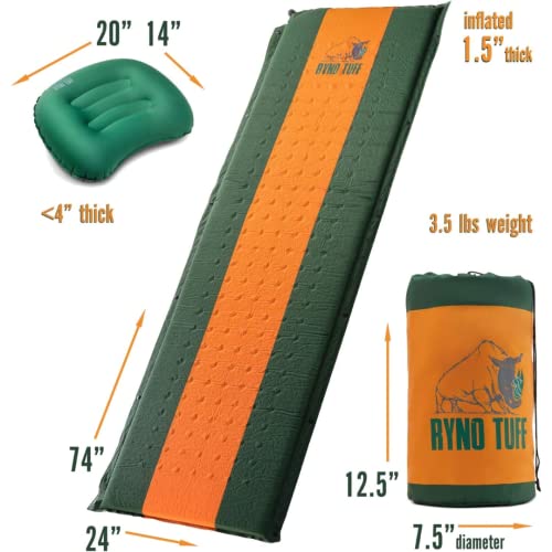 Ryno Tuff 24 X 75 Inch Lightweight Self Inflating Camping Sleeping Pad & Camping Inflatable Pillow Set - Ultralight Insulated Hiking & Backpacking Travel Gear For Adults - Packable Floor Sleeping Mat #TOP2