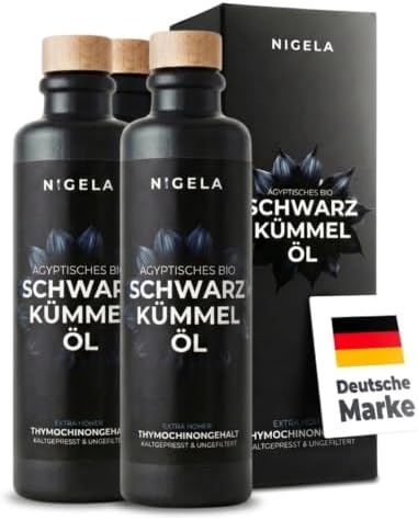 Nigela BIO Schwarzkümmel Öl | Black Seed Oil mit mildem Geschmack | 3x200ml | Schwarzkümmelöl kaltgepresst & ungefiltert | Mit optimiertem Thymochinongehalt | Steinkrug Flasche für