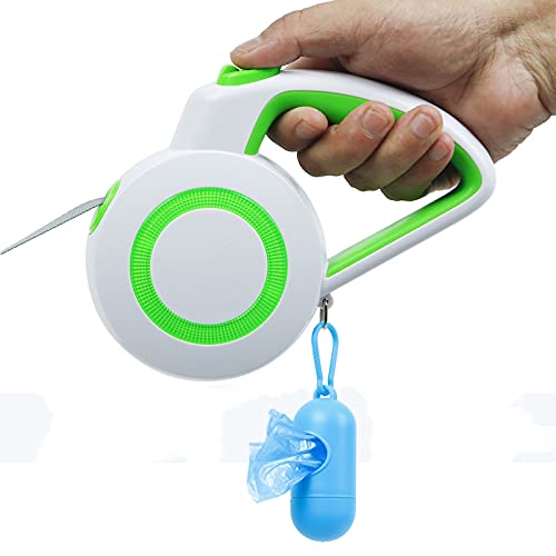 PINYUE Dog Walking Leash with Anti-Slip Handle，9 feet Green Reflective Retractable Dog Leash ，for Small Medium Dog or Cat，One-Hand Brake,with Rubbish Bags,Random ColorGarbage Bag Storage Box