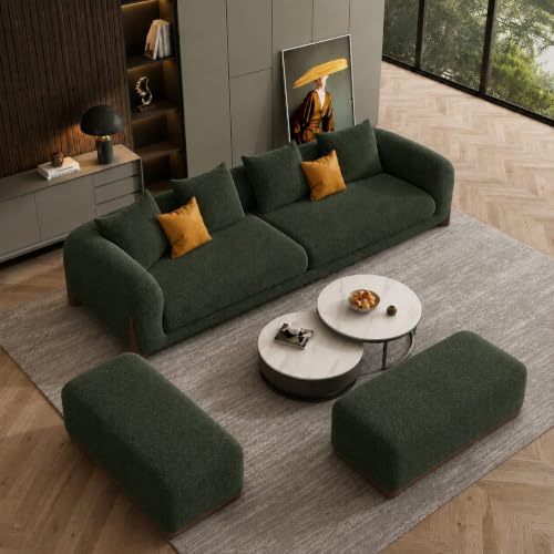 Image of Modern Boucle Sofa for Living Room Bedroom Reception and Office Wooden Polished Leg Sofa for Living Room (Dark Green, 3 Seater +Ottoman Set)